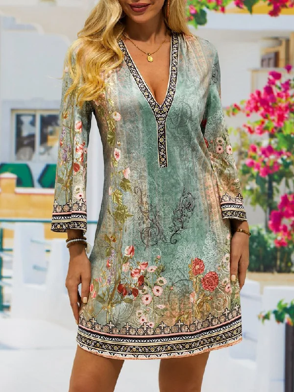 Discount Deals Floral Boho V Neck Loose Dress  QM96