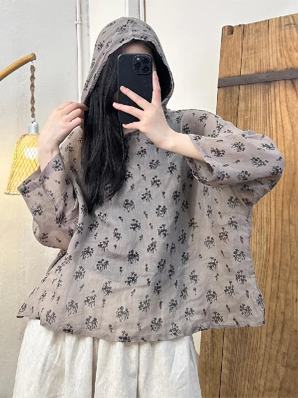 Stock Clearance Women Summer Artsy Floral Hooded Ramie Shirt TY1016