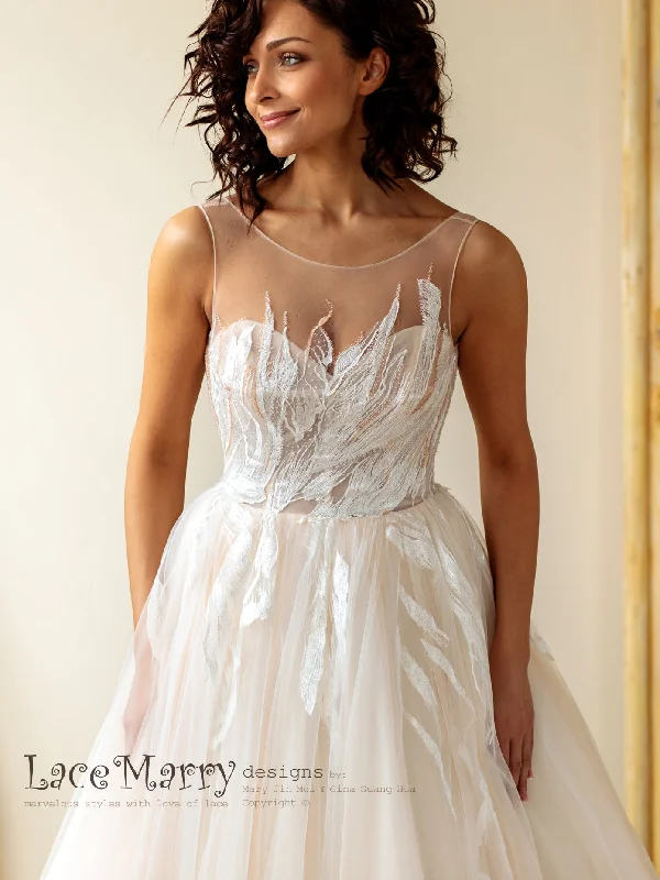 Deep Discounts Unique Summer Wedding Dress with Feather Abstract Appliques