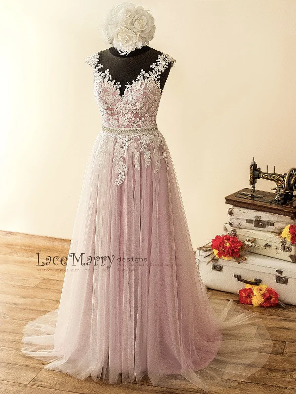 Major Savings Lilac Underlay Boho Wedding Dress with Illusion Neckline