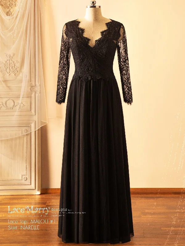 Quick Sale Black Wedding Dress Crop Set with Plain Tulle Skirt and Long Sleeves Lace Top