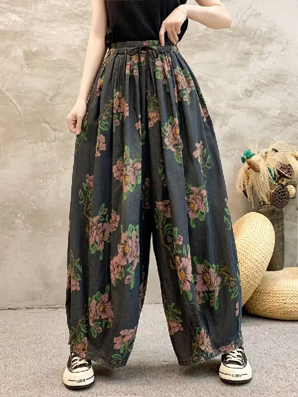 Online Only Women Summer Casual Flower Denim Wide-leg Pants QW1013