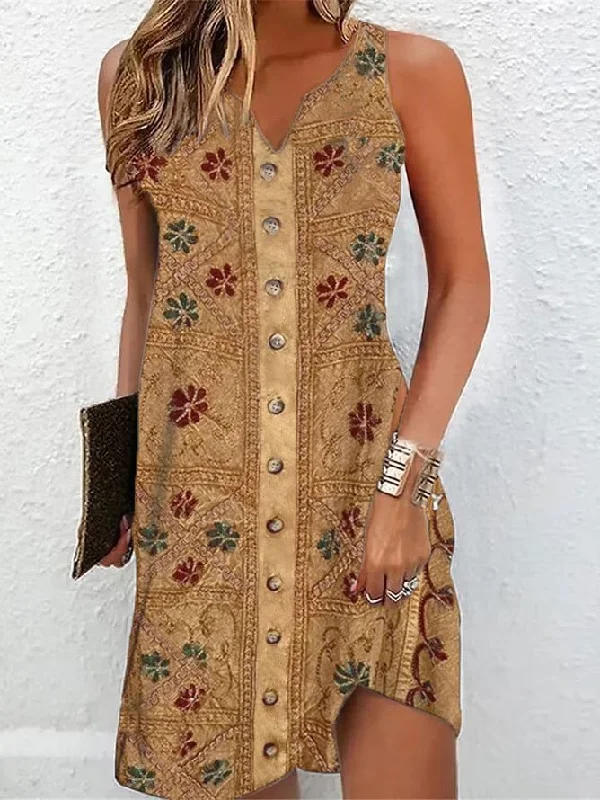 Super Bargain Loose Ethnic Vintage V Neck Dress  QM62