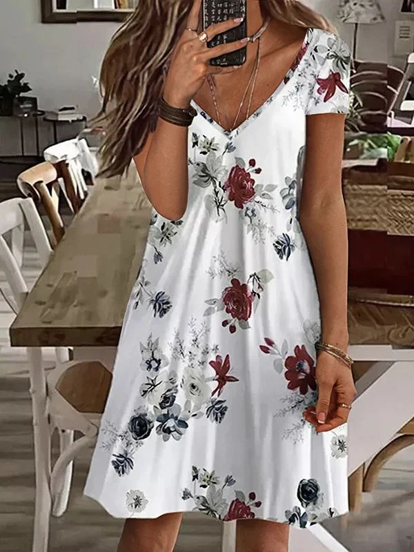 Price Drop Alert Boho Floral V neck Short Sleeve Knit Dress  QD58