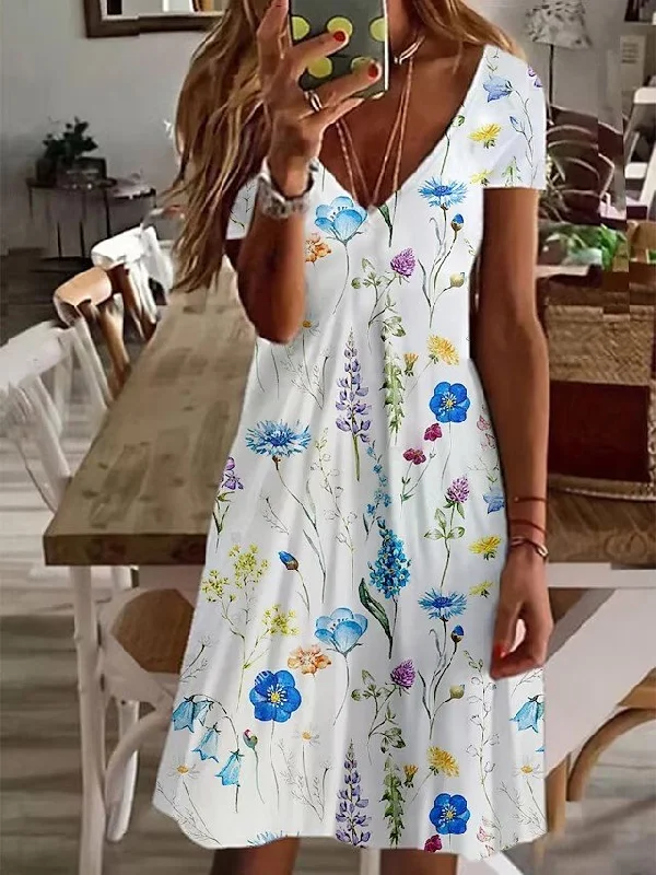 Savings Galore V Neck Casual Floral Cotton Dress  QM66