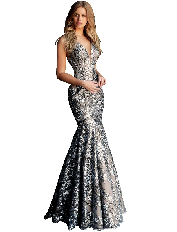 Daily Deals Jovani Light Blue Nude Fitted Plunging Neckline Prom Dress