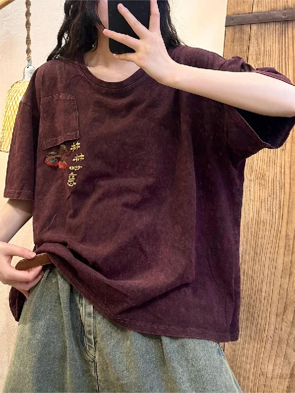 Shop and Save Women Summer Casual Embroidery Cotton Loose Shirt TY1015