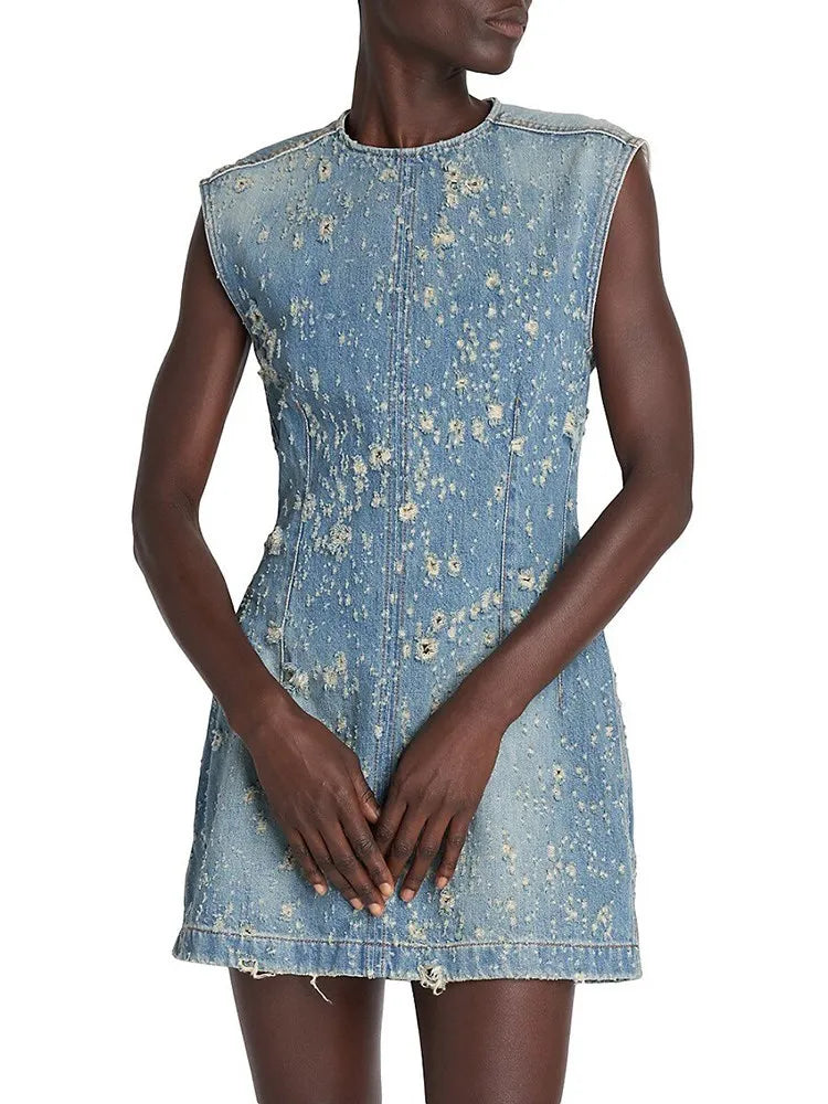 Seasonal Sale Distressed Denim A-Line Dress