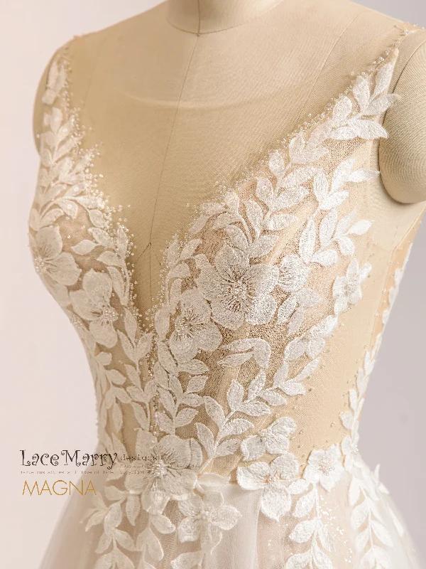 Price Slash MAGNA / A Line Boho Wedding Dress with Glitter