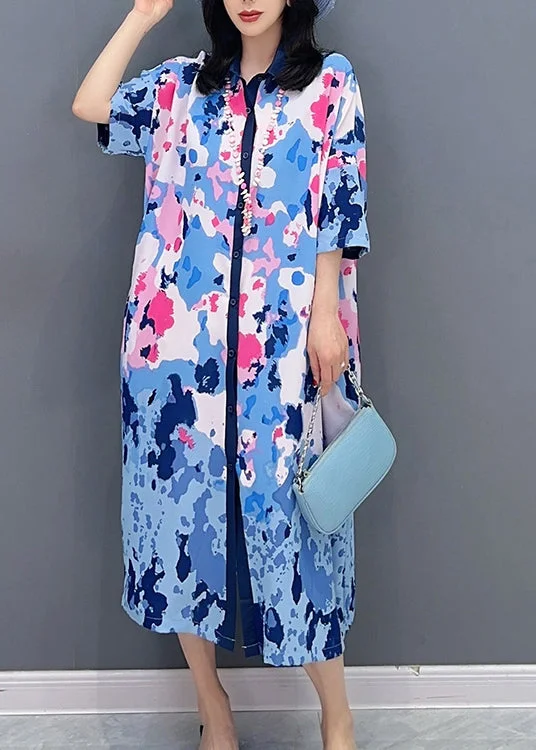 Weekend Deal Blue Peter Pan Collar Maxi Shirts Dresses Short Sleeve LC0305