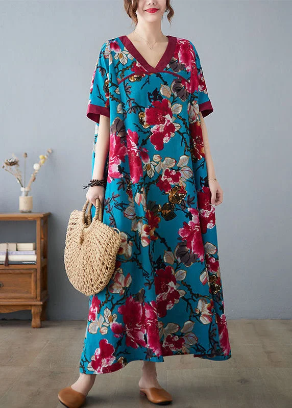 Can't Miss Elegant Blue V Neck Patchwork Print Cotton Dresses Short Sleeve LY0916