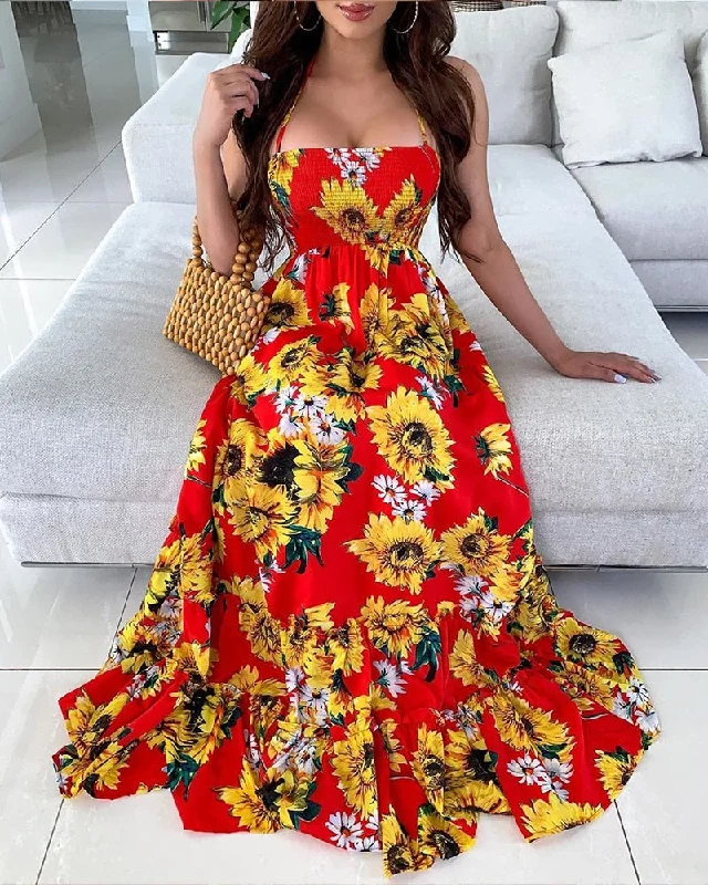 Deep Discounts Women Open Back Sunflower Print Bandage Boho sleeveless Maxi Dress