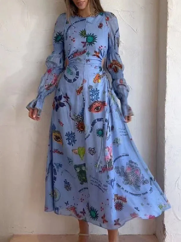 Online Only Women Loungewear O-Neck Long Lantern Sleeve Maxi Dress