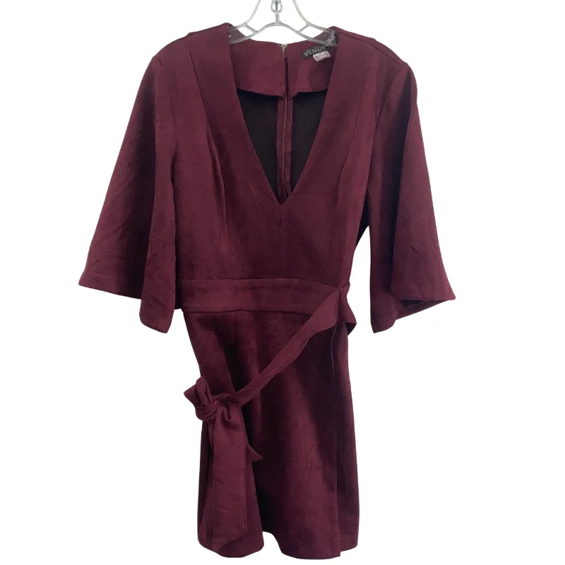 Price Drop Venus Burgundy Women's Belted Sheath V Neck Midi Dress Size 8 Preowned