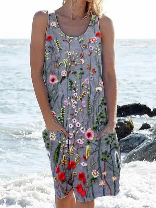 Best Deals Floral Casual Crew Neck Loose Dress With No Belt  QV101