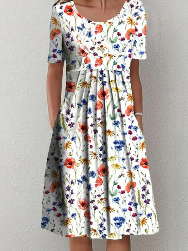 Massive Deals Floral Loosen Casual Short Sleeve Woven Dress  QM84