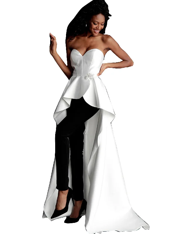 Bargain Prices Jovani Ivory Black Strapless Sweetheart Pantsuit with Overskirt Dress
