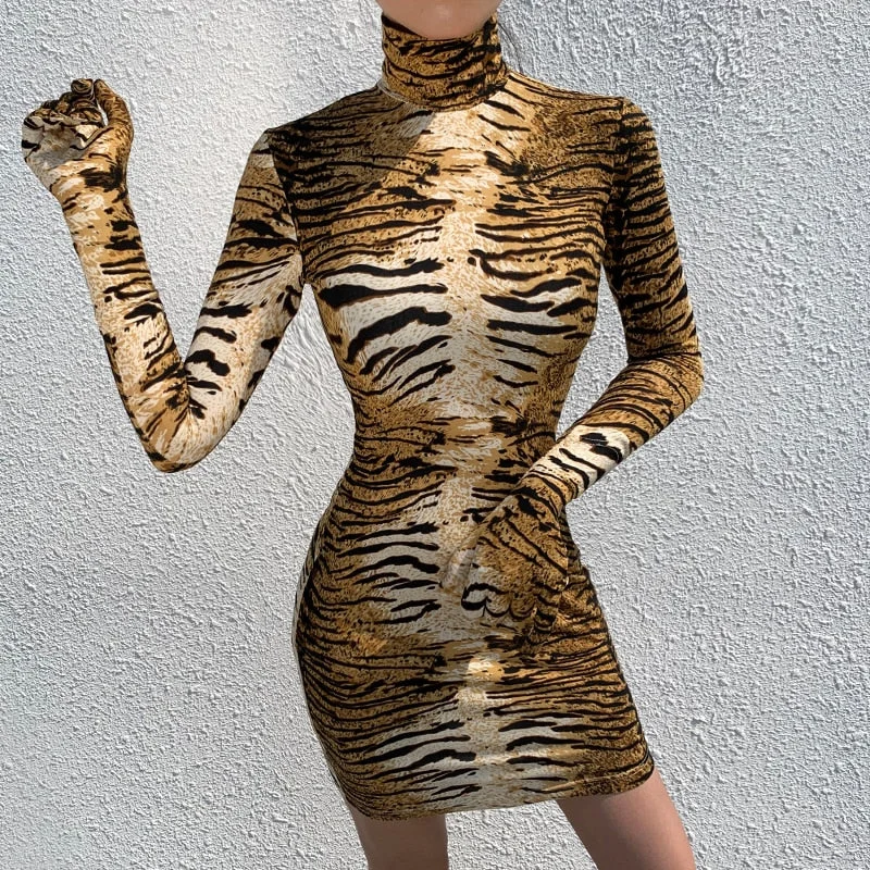 Exclusive Savings Women's Bodycon Long Sleeve Mini Dress With Tiger Print