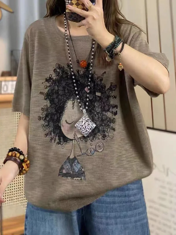 Price Cut Women Summer Casual Print Knitted O-Neck Shirt AS1008