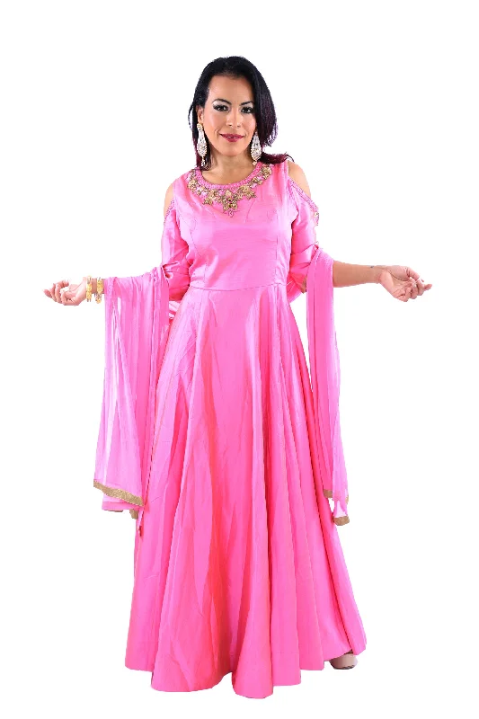 Bargain Blast Dazzling Pink Modern Gold Shoulder Floor Length Anarkali - 9004