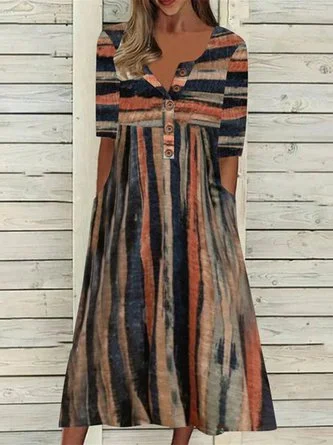 Incredible Offers Women Striped Casual Autumn Polyester Natural No Elasticity Daily Crew Neck Regular Size Dress QAH46