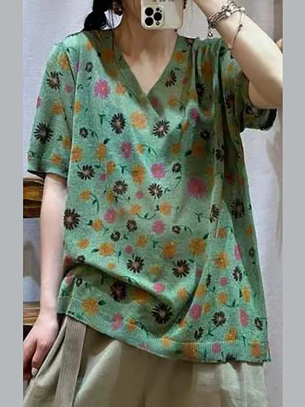Best Seller Women Casual Flower Summer V-Neck Loose Pullover Shirt QW1028