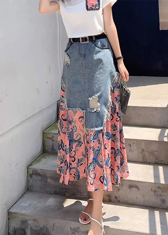 Special Price Natural Pink Print Chiffon Patchwork A Line Skirt Summer TY1076