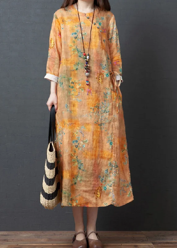 Extra Savings Vintage Yellow O-Neck Print Tie Waist Linen Holiday Dress Spring LY0918
