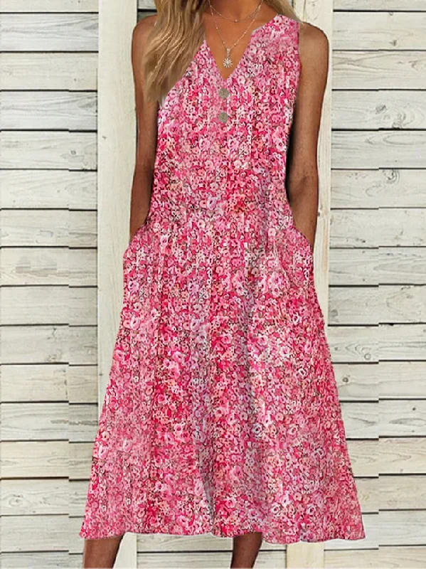 Seasonal Sale V Neck Floral Loose Vacation Dress AA49
