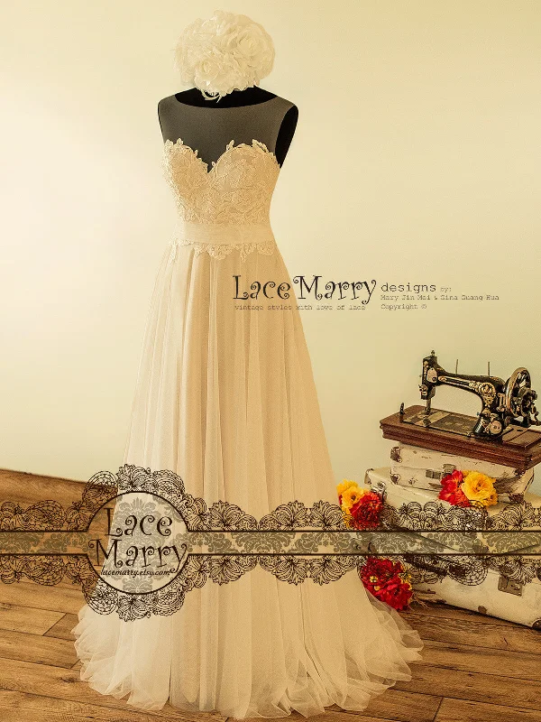 New Deals Romantic Sheer Neckline Boho Wedding Dress
