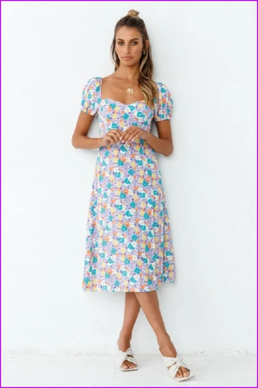 Shop and Save Summer Floral Square Neck Short Sleeve Slit Dress