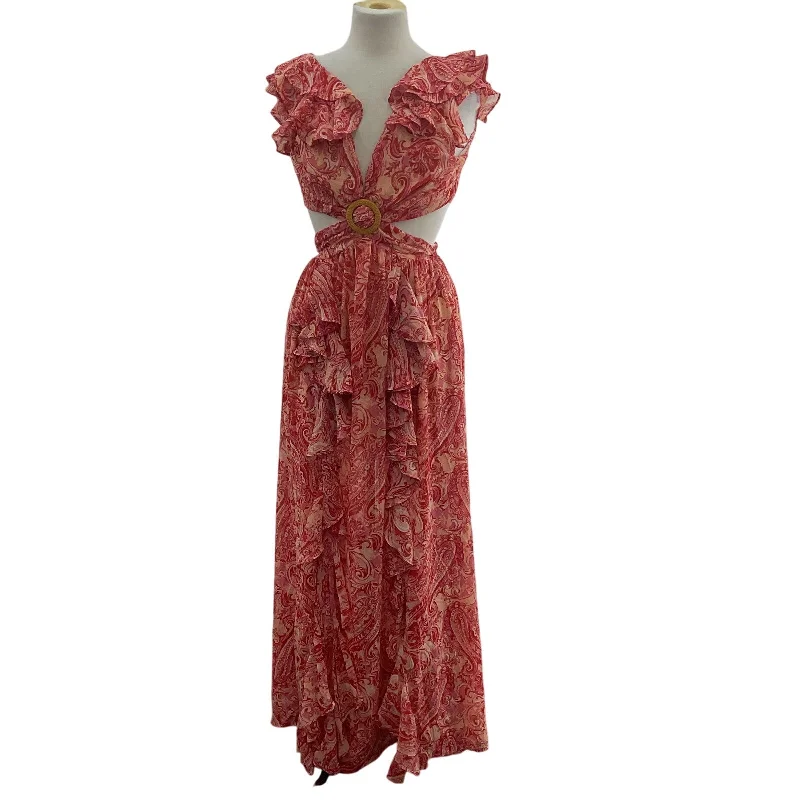 Lowest Price VICI Red/Orange Women's Paisley Ruffle Cutout Long A-Line Dress, Size S Preowned