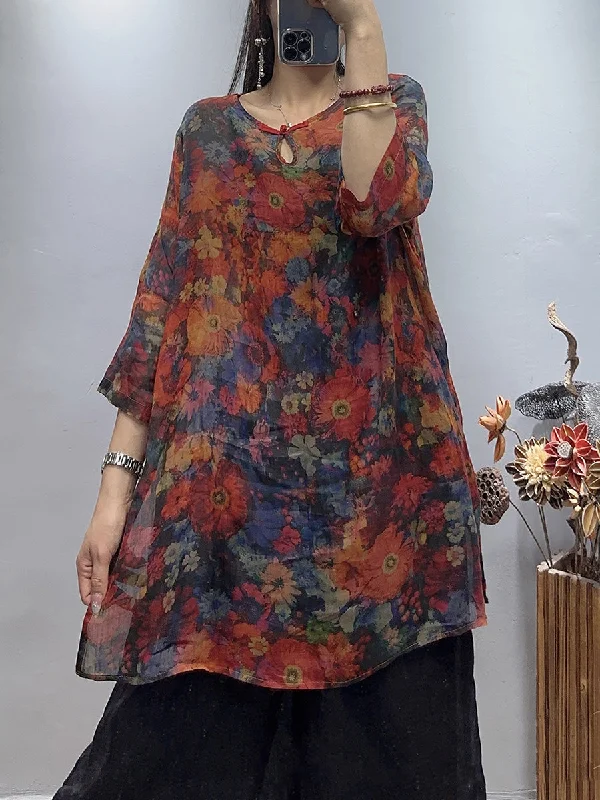 Massive Deals Plus Size Women Vintage Flower Summer Loose Ramie Shirt WE1030