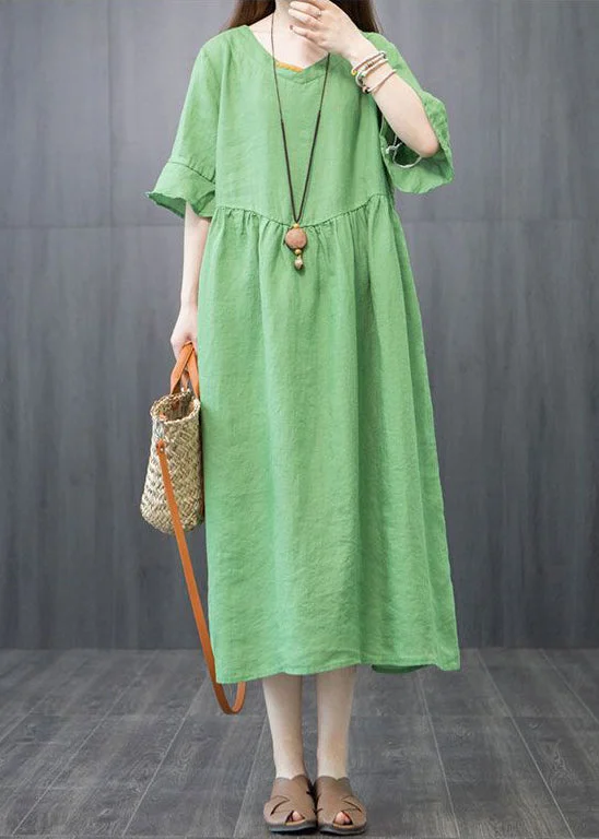 Limited Availability Boutique Green V Neck Patchwork Linen Robe Dresses Butterfly Sleeve LY0920