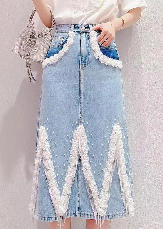 Exclusive Offers Boho Light Blue Tassel Patchwork High Waist Deninm Skirt Summer TY1081 Exclusive Offers Boho Light Blue Tassel Patchwork High Waist Deninm Skirt Summer TY1081