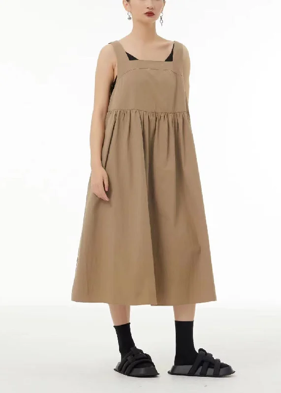 Steals and Deals Modern Khaki Backless Patchwork Cotton A Line Dress Sleeveless LC0124