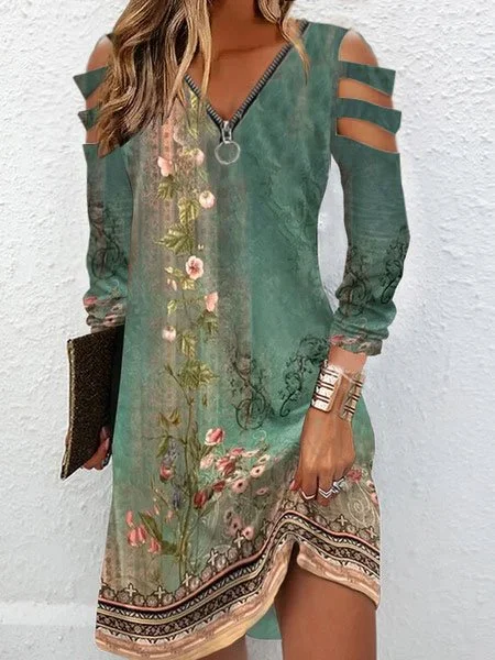 Can't Miss Zipper V Neck Casual Knitted Floral Dress  QD47