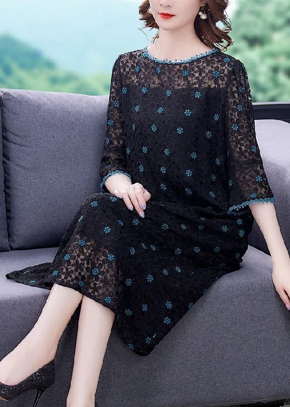 Best Bargains Handmade Black Embroideried Hollow Out Silk Maxi Dresses Flare Sleeve AC3009