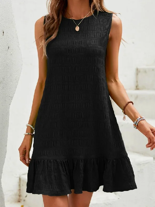 Final Clearance Casual Loose Solid Ruffle Hem Smock Dress  QQ100