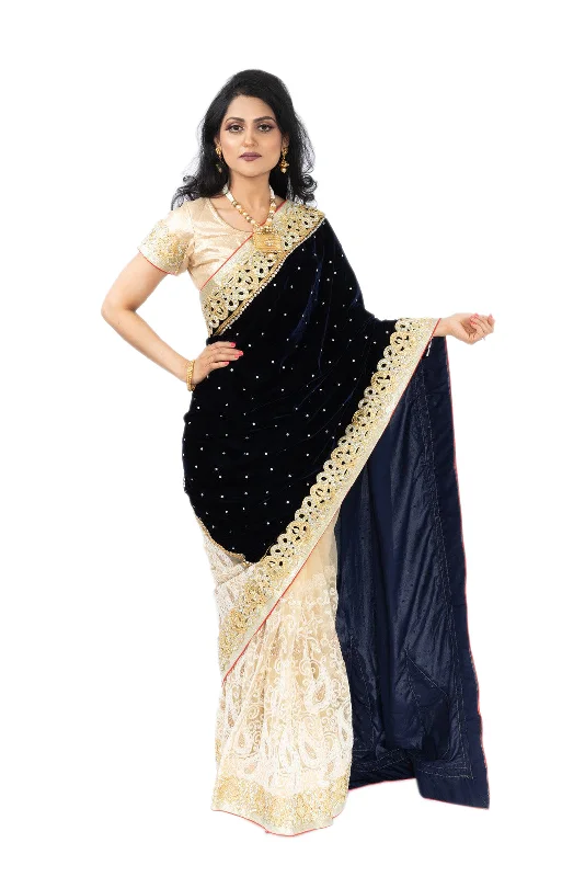 Special Promotion Celestial Navy & Gold Velvet Pre-Pleated Sari