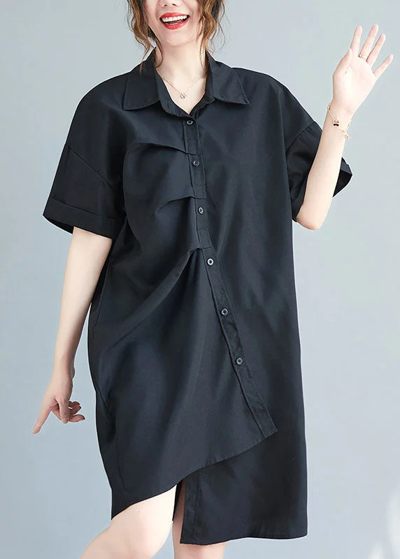 Super Deal Black Cotton Vacation Dresses Asymmetrical Wrinkled Summer AC2079