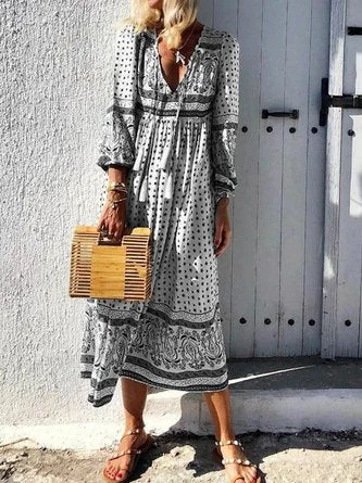 Clearance Items Women Daytime Boho V-Neck Printed Paneled Dress MMr3