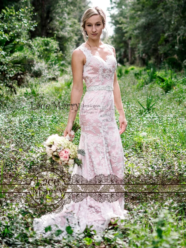 Hot Deal Boho Blush Wedding Dress from Scalloped Chantilly Lace