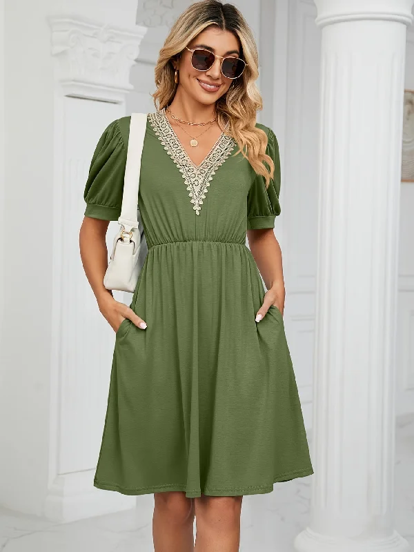 Final Sale Lace Stitching Pocket Dress, Casual Short Sleeve V-neck Dress, Women's Clothing AZ1007