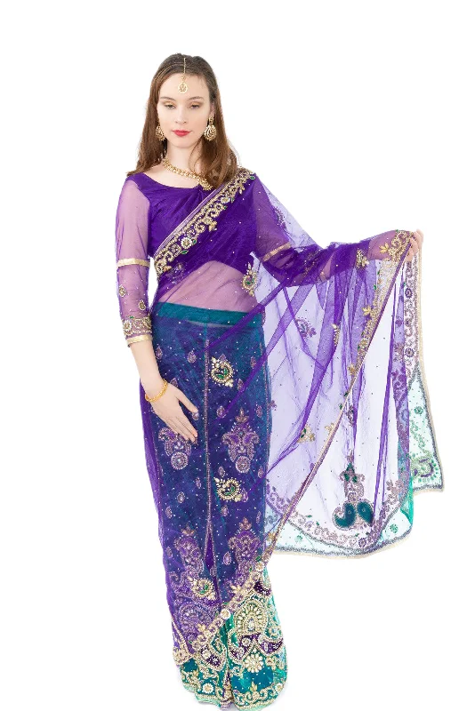 Loyalty Reward Posh Purple and Green Ready-Made Pre-Pleated Sari