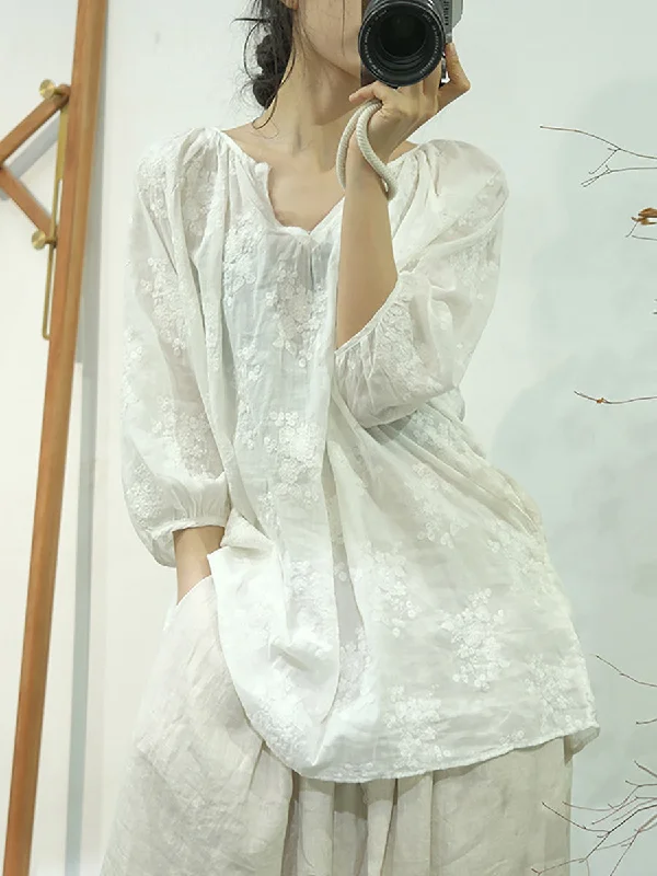 Today's Special Women Summer Artsy Floral Embroidery Linen Shirt WE1013