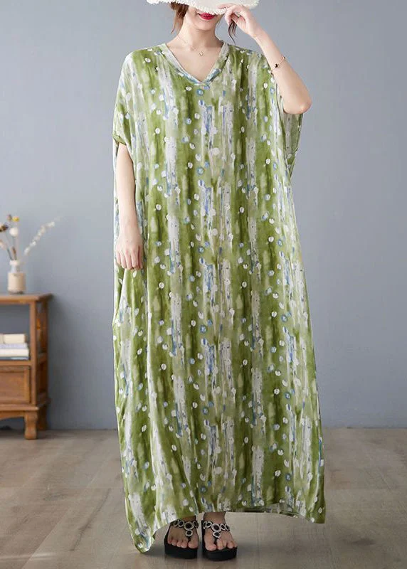 Today's Special Casual Green V Neck Print Linen Long Dress Summer LY0915