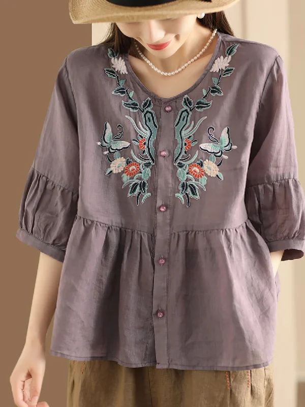 Steals and Deals Women Ethnic Flower Embroidery Summer Ramie Shirt QW1015