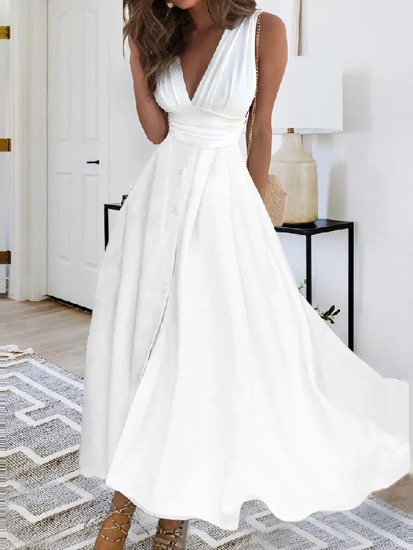 TIME-Limited Offer V Neck Loose Plain Elegant Dress  F4067