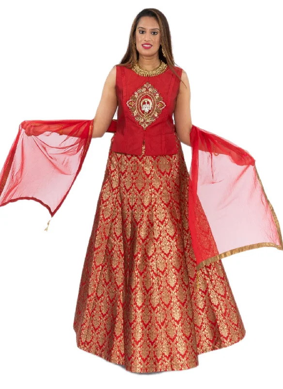 Limited Stock Maharani Maroon and Gold Silk Lehenga with Long Blouse- SNT11067